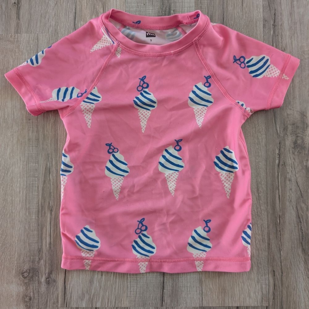 Tea Collection Pink Kids Rash Guard with Blue & White Ice Cream Print, 3T (V8)